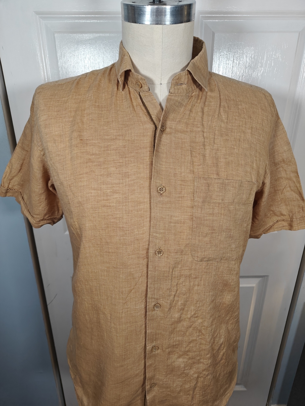 Vintage Kachins Mens Large Burnt Orange Linen Short Sleeve Button Down Shirt